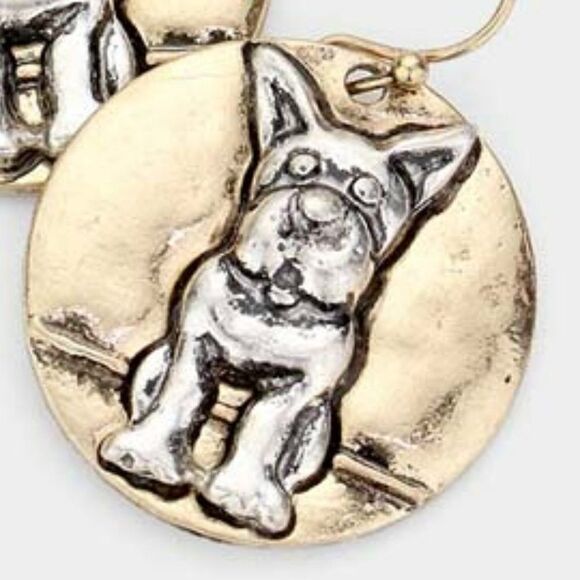 Bulldog Accented Two Tone Metal Round Dangle Earrings - Picture 3 of 6